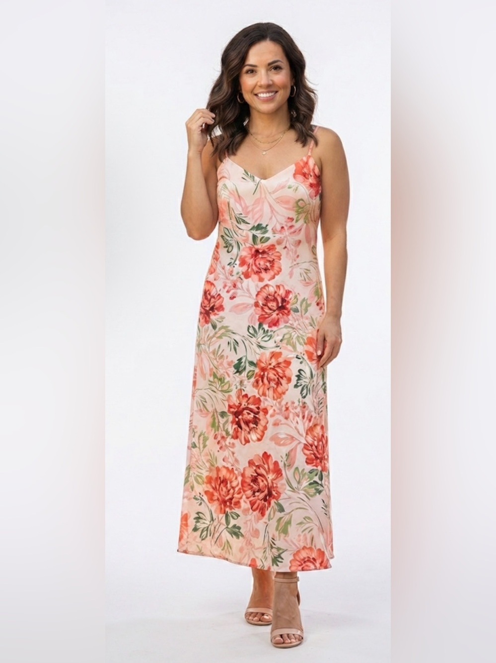 Floral Slip Maxi Dress in Peach Pink Size Large